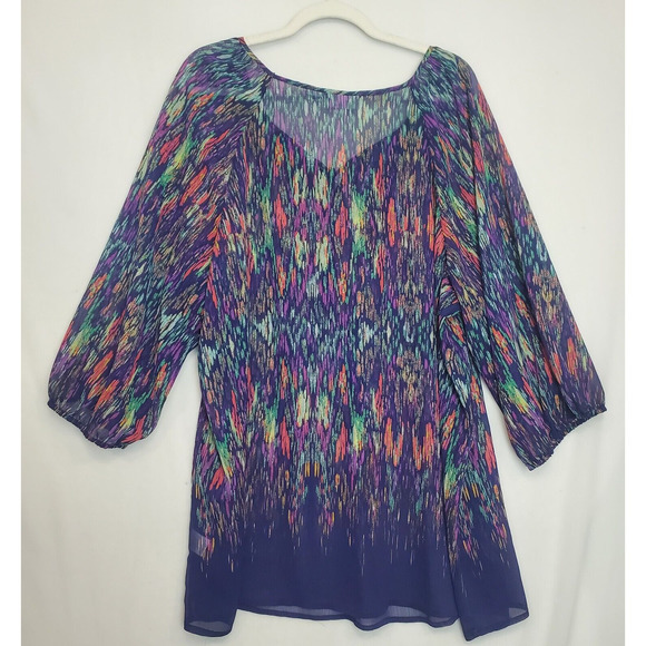 Liz‎ Claiborne Tunic Top Sheer Peasant Sleeve Multicolor Purple Women 3X Boho - Picture 2 of 8